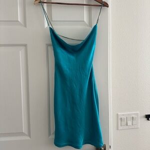 Meshki Teal Sofie Backless Dress Cowl Neck Bejeweled Rhinestone Straps Size XXS